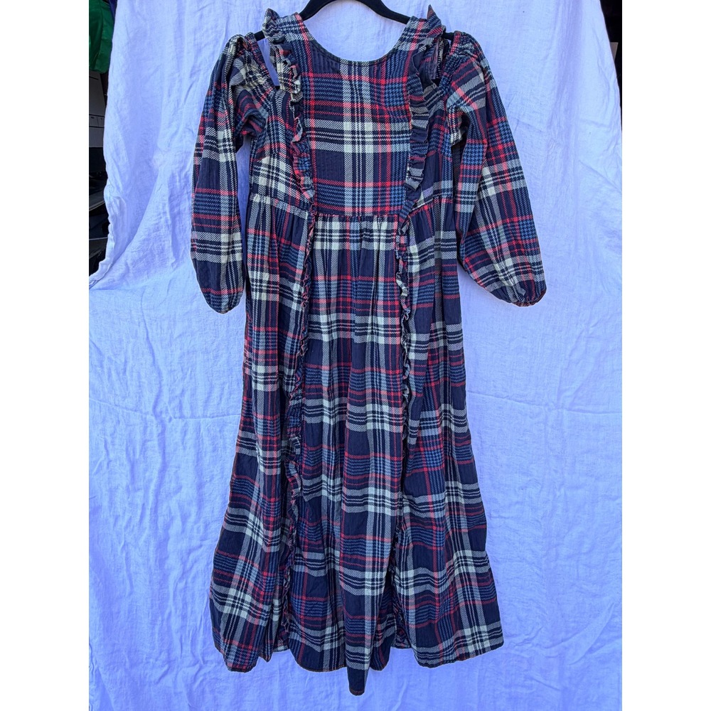 Navy Red Plaid Damson Madder. Midi Dress Ruffle Trim size 6 Long Sleeve Tartan